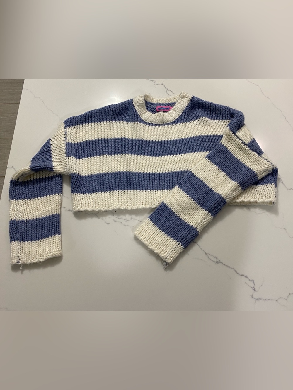 Edikted Blue and Cream Striped Cropped Crew Sweater